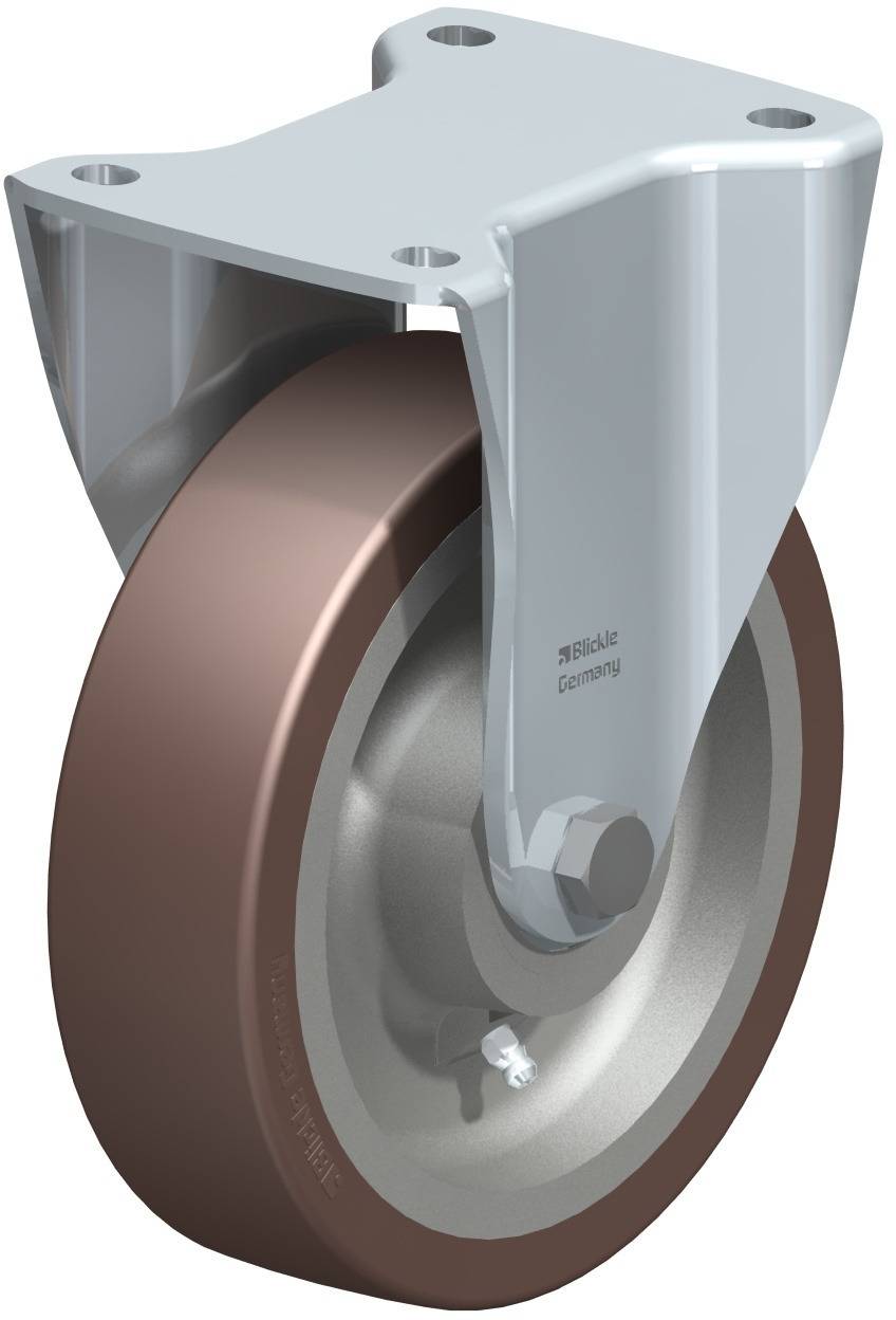 Industrierad mit grauem Metallgehäuse und braunem Rad. Verwendet für schwere Lasten in industriellen Anwendungen.