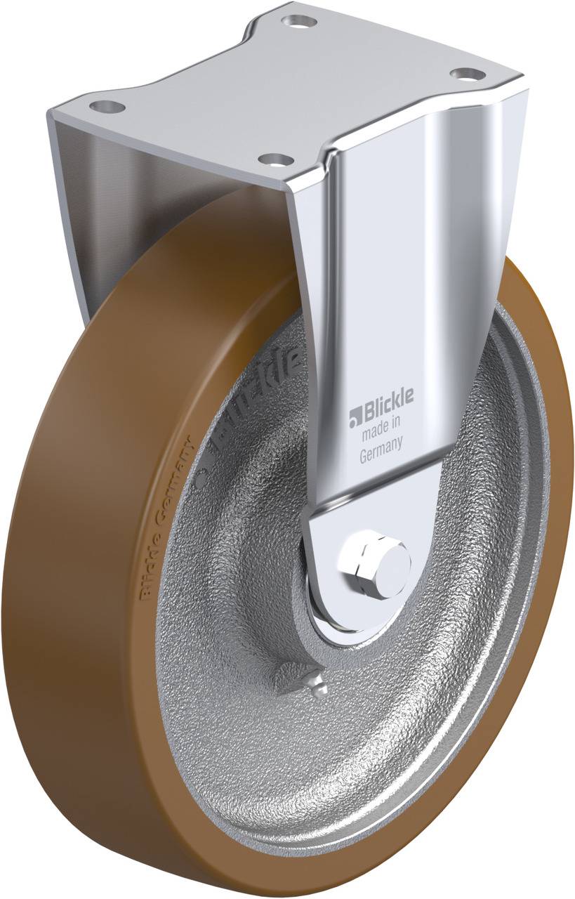 Metallrolle mit braunem Rad und Halterung, Marke Blitzle. Made in Germany.