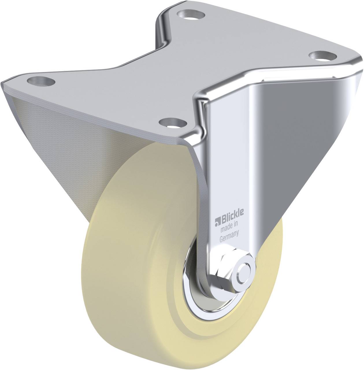 Metallisches Gehäuse mit einem gelben Rad darunter, geeignet für Transportwagen oder Möbelrollen.