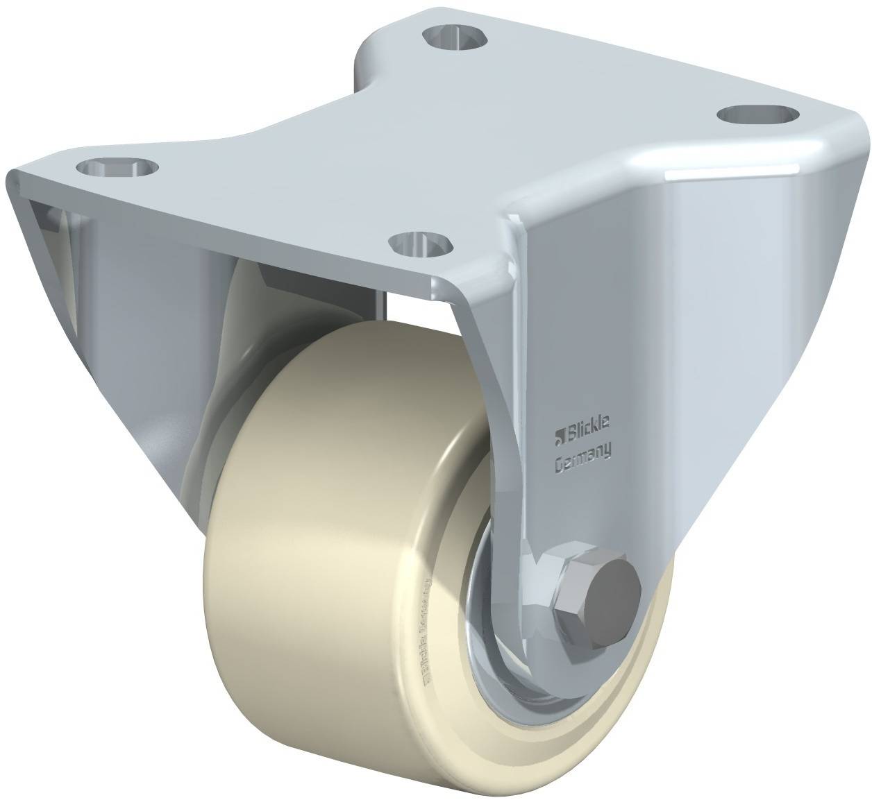 Industrierolle mit hellgrauem Gehäuse und beiger Rolle, geeignet für Schwerlastanwendungen in Maschinenbau und Fertigung.
