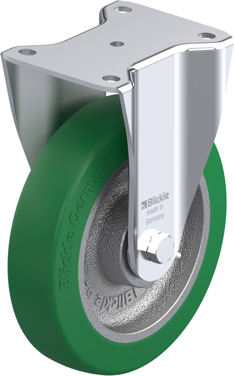 Grünes und silbernes Lenkrad mit geprägter „Blickle Germany“ Aufschrift. Fahrradteil zeigt industrielle Qualität.