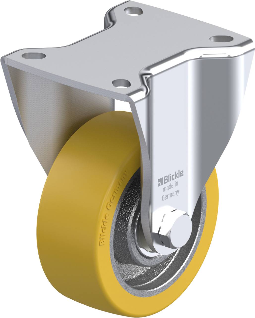 Rollenmöbelrolle mit gelbem Rad und silbernem Befestigungsgehäuse, seitlich abgebildet. Aufschrift 'Blickle made in Germany'.