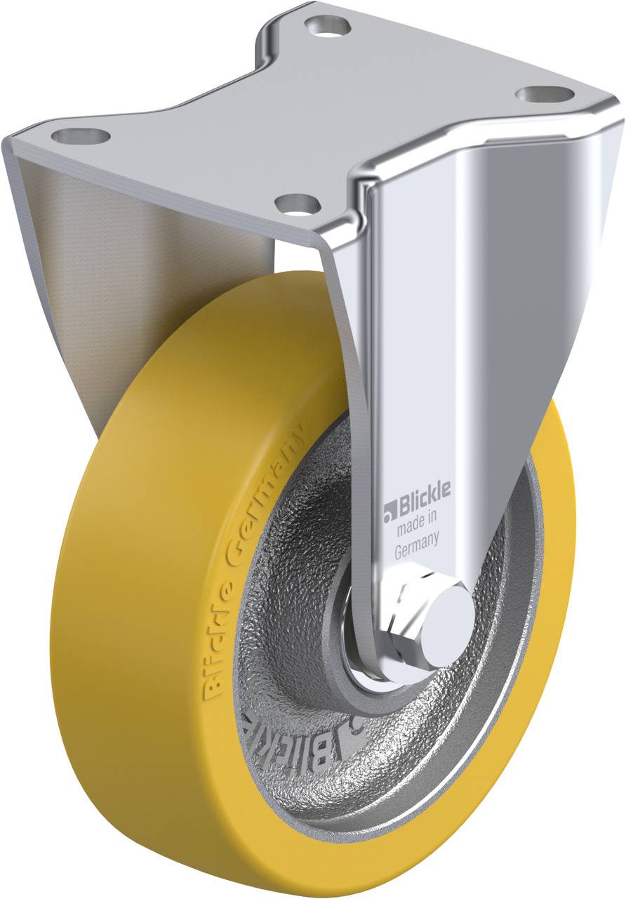 Industrielles Rad mit gelber Lauffläche, montiert an einer silbernen Halterung. Beschriftung 'Blickle, made in Germany'.