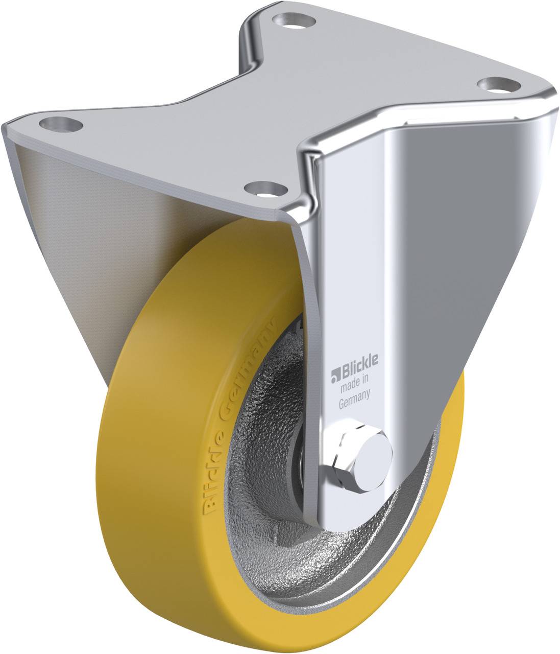 Industrie-Schwenkrolle aus Metall mit gelbem Rad, geeignet für den Einsatz an Maschinen oder Möbeln; robust und drehbar.