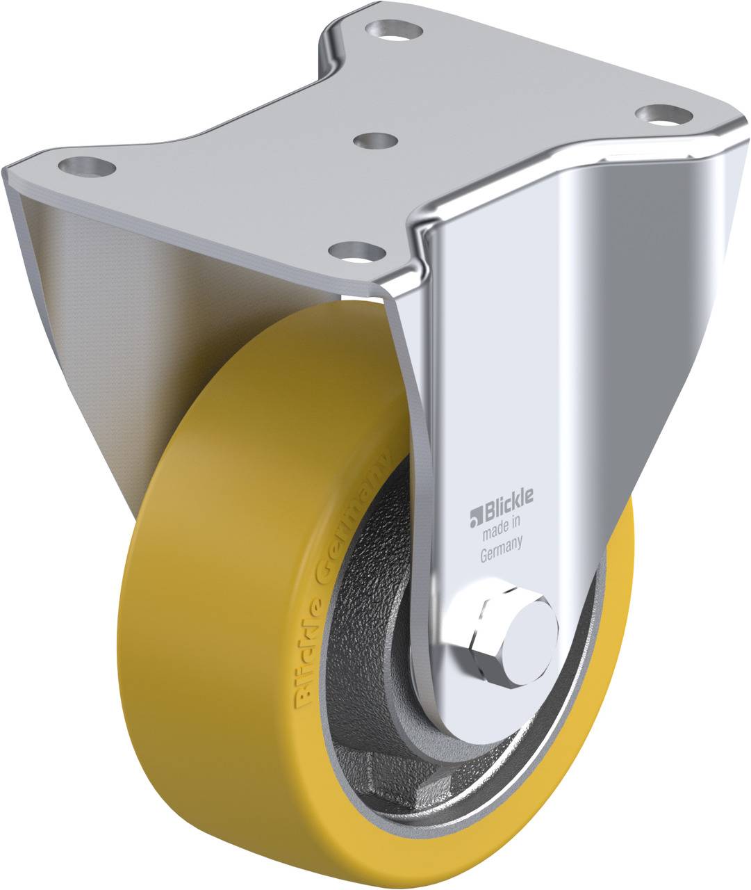 Industrie-Lenkrolle mit gelbem Rad und Metallhalterung, geeignet für schwere Lasten und Bodenfreundlichkeit. Label 'Blickle'.