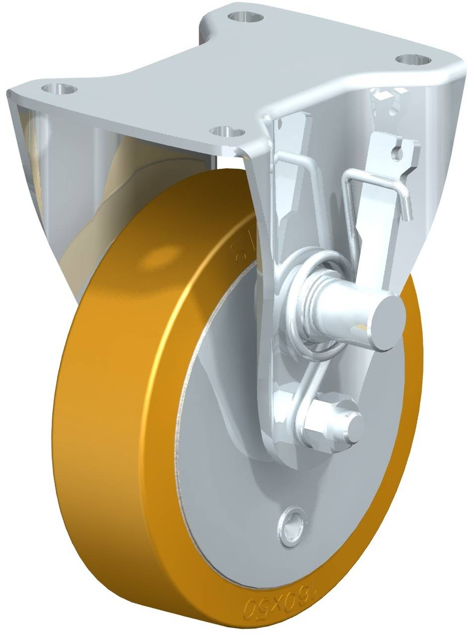 Industrierolle mit gelbem Rad und weißem Metallrahmen, geeignet für Transportgeräte.
