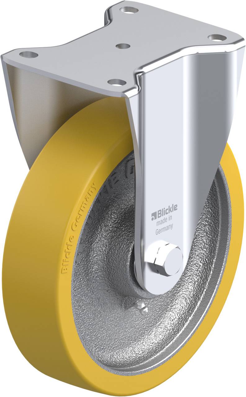 Rolle mit gelbem Rad und silbernem Metallgehäuse, Marke 'Blickle', hergestellt in Deutschland.