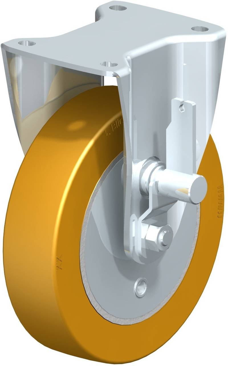 Industrie-Rolle mit gelbem Rad und metallener Halterung, für Schwerlastanwendungen.