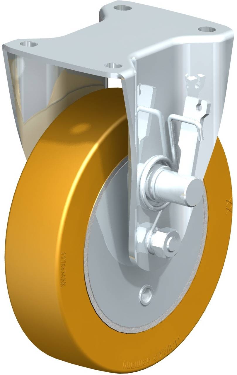 Ein gelbes Rad mit Metallhalterung, das auf Maschinen oder Geräten montiert ist, um Mobilität zu gewährleisten.