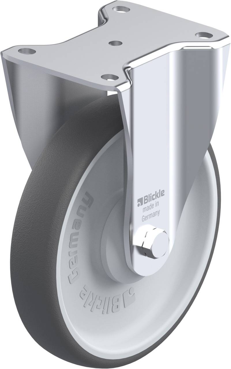 Transportrolle aus Metall und Gummi mit Aufschrift 'Blickle made in Germany'.