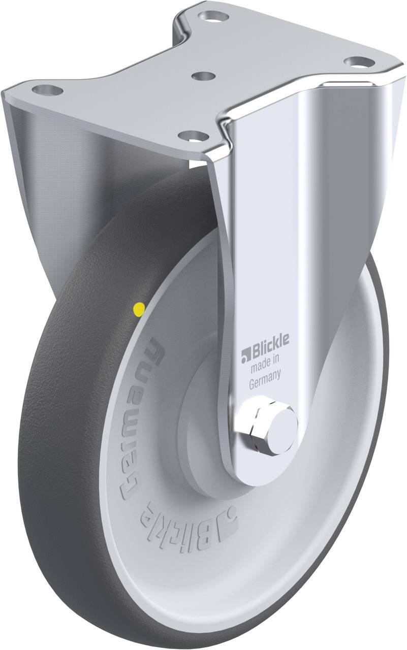 Ein hochwertiges Lenkrollengehäuse aus Metall, montiert auf einem großen weißen Rad mit grauem Reifen von der Marke Blickle, produziert in Deutschland.