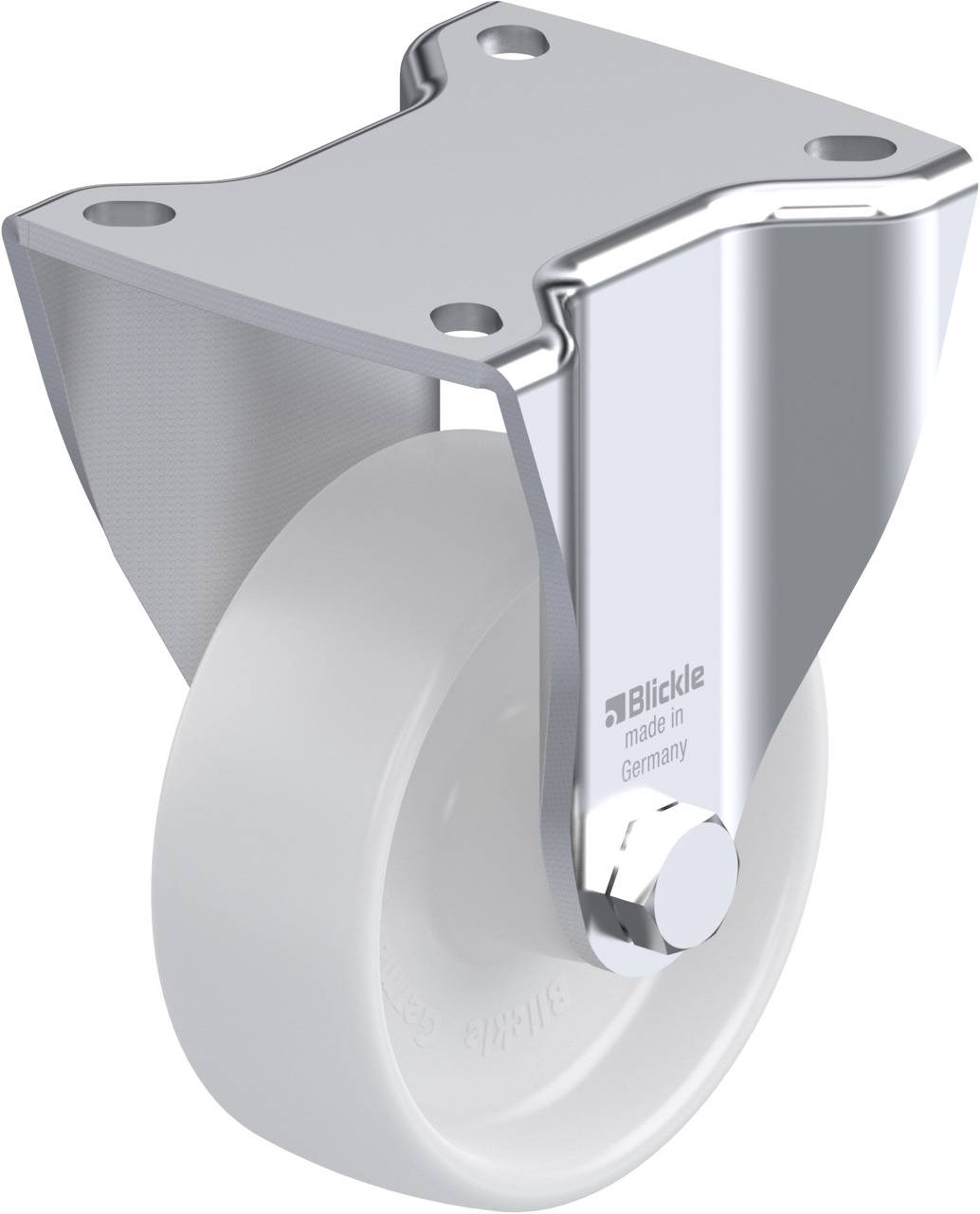 Lenkrolle mit Metallgehäuse und weißem Rad, geeignet für Möbel oder Transportwagen, mit Aufschrift 'Blickle made in Germany'.