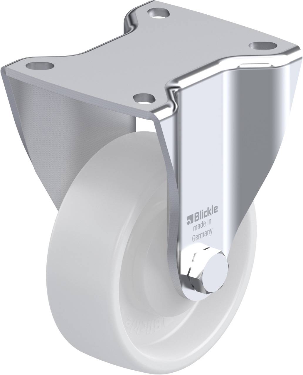 Die Abbildung zeigt eine weiße Lenkrolle mit einer glänzenden Metallhalterung.
