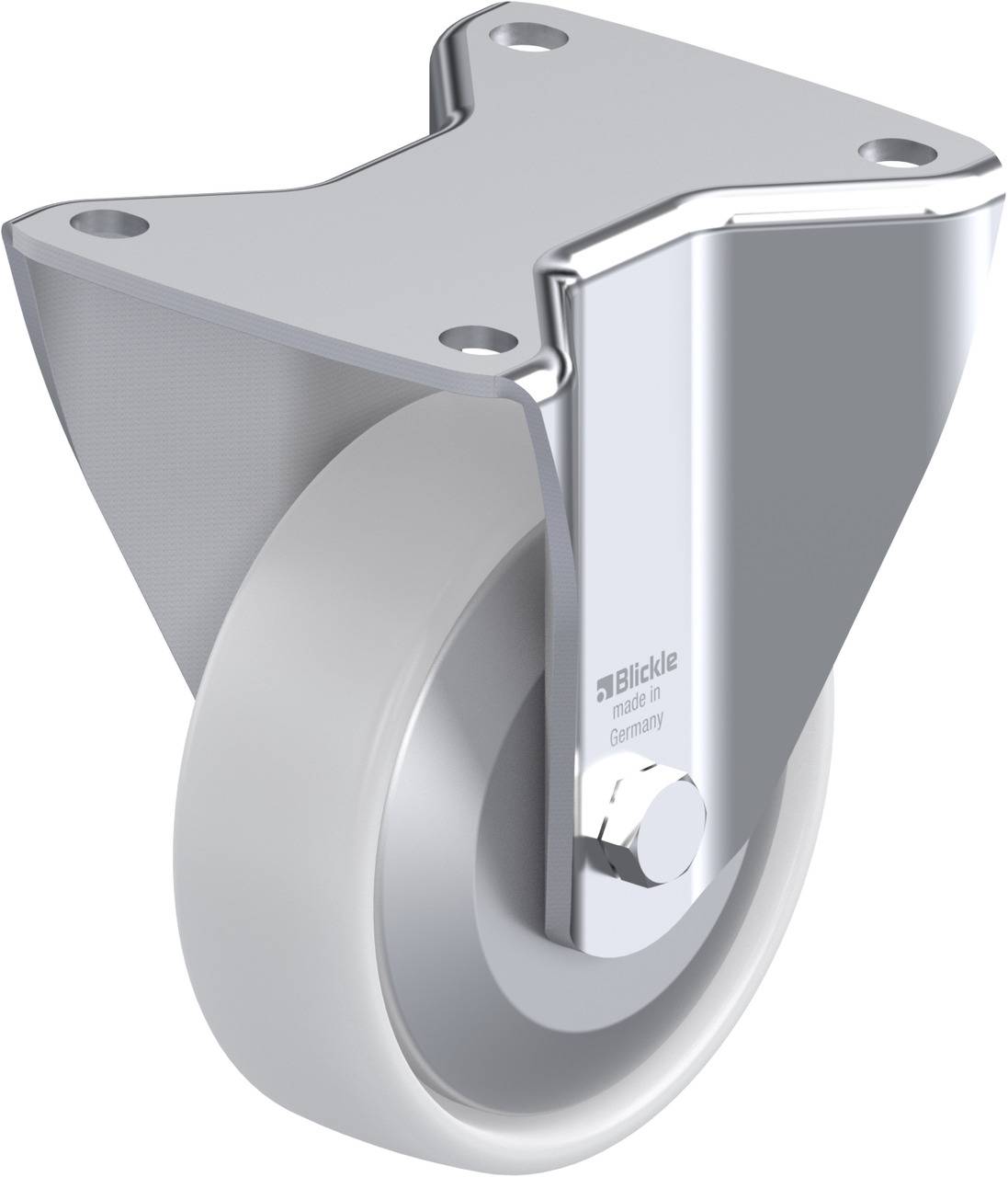 Graue, drehbare Industrielenkrolle mit Metallgehäuse, die für schwere Lasten geeignet ist.