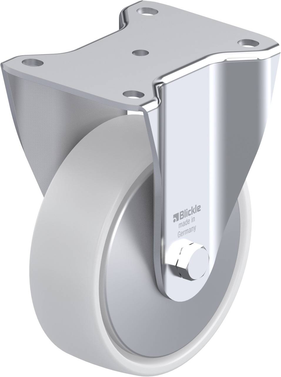 Metallisches, schwenkbares Rad mit grauer Gummilauffläche. Geeignet für Möbel oder Geräte. Silberne Halterung mit vier Bohrlöchern.