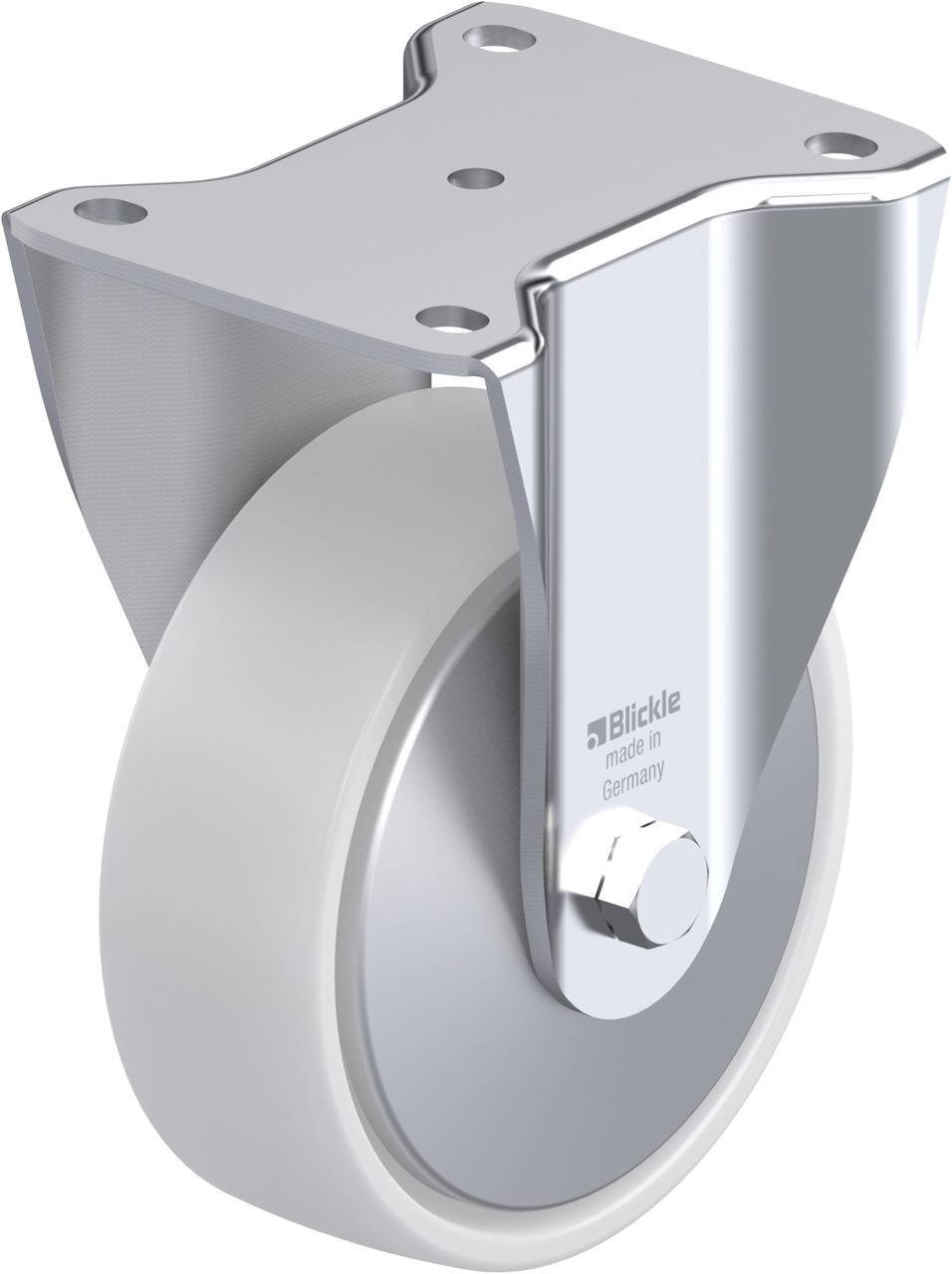 Metallenes Lenkrad aus Edelstahl mit grauem Rad, geeignet für schwere Lasten. Aufschrift 'made in Germany' ist sichtbar.