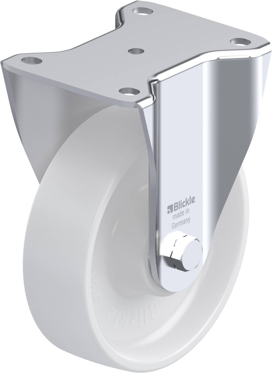 Industrielle Lenkrolle aus Metall mit weißem Rad, geeignet für Möbel oder Maschinen.