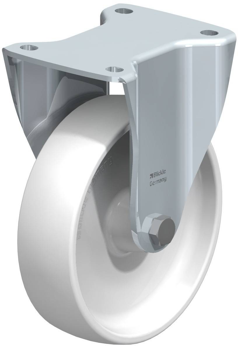 Drehbares Rad mit grauem Gehäuse und weißem Rad, verwendet für Transportausrüstungen oder Möbel, zeigt robuste Bauweise.