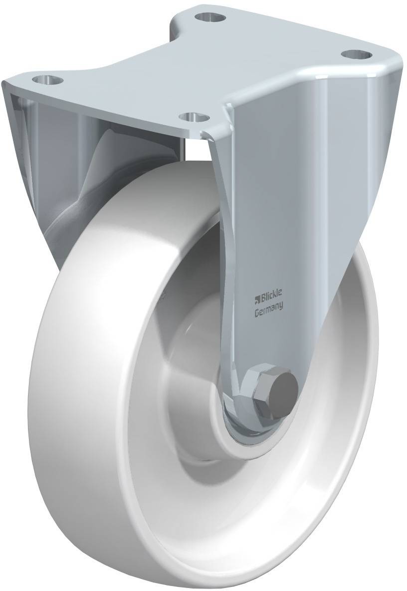 Eine industrielle Lenkrolle mit einem robusten Metallgehäuse und einem weißen Rad, geeignet zur Montage an Geräten oder Möbeln.