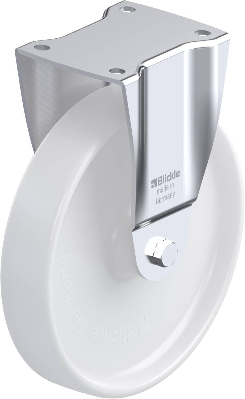 Rundes industrielles Rad aus Kunststoff, montiert in einem verchromten Halter mit Aufschrift 'Blickle made in Germany'.
