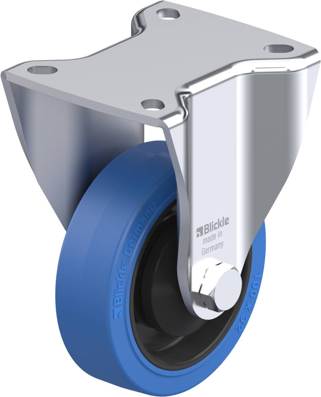 Industrie-Rad mit blauem Rad und silberner Halterung. Text auf Rad lautet 'Blickle made in Germany'.