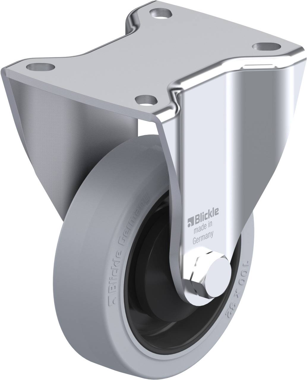 Metallrolle mit C-förmigem Gehäuse und grauem Rad, Marke 'Blickle', Herkunft Deutschland, montierbar mit vier Löchern.