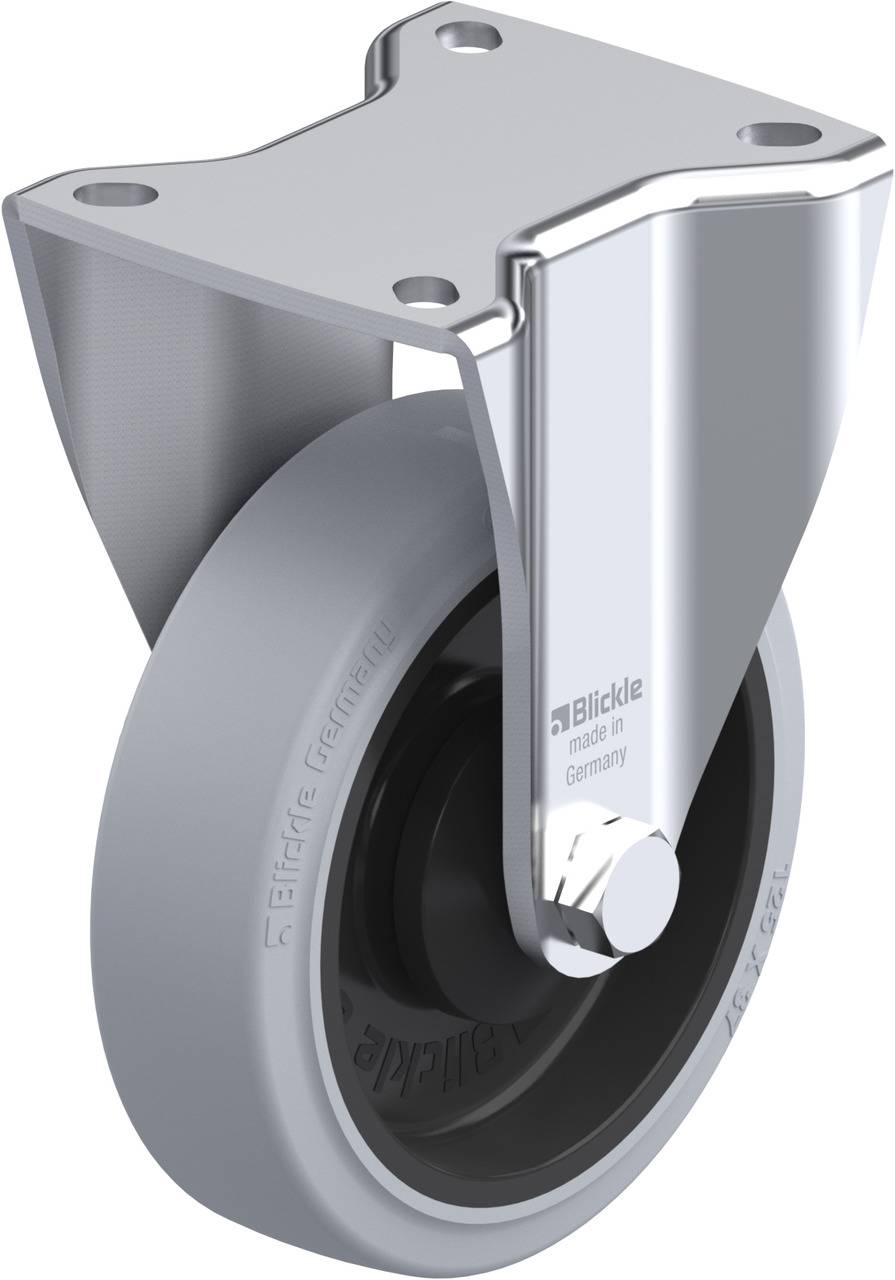 Industrie-Schwenkrolle mit grauem Gummi-Laufrad und silbernem Gehäuse, markiert mit 'Blickle made in Germany'.