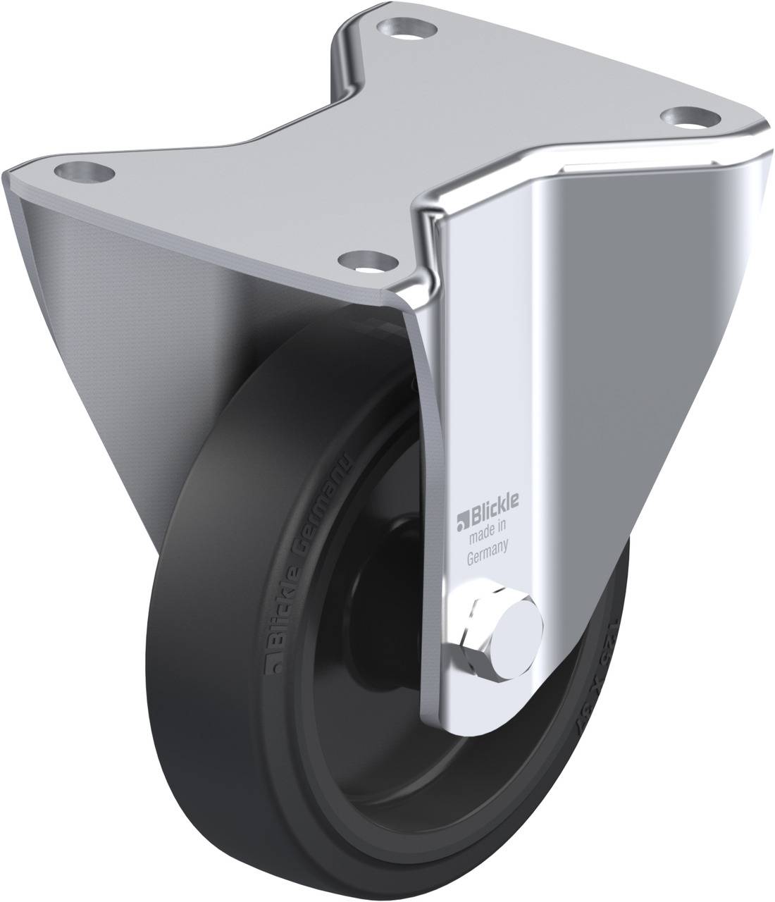 Ein fest montiertes, silberfarbenes Rad mit schwarzer Gummibereifung. Geeignet für industrielle Anwendungen und schwere Lasten.