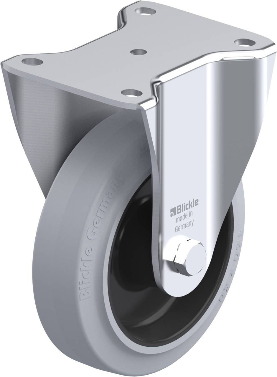 Grauer Hartgummi-Rolle mit silbernem, starren Metallgehäuse. Auf der Rolle steht 'Blickle made in Germany'.
