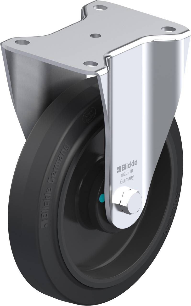 Ein robustes Schwenkrolle, bestehend aus einer schwarzen Gummirad und einer silbernen Metallhalterung, geeignet für schwere Lasten.