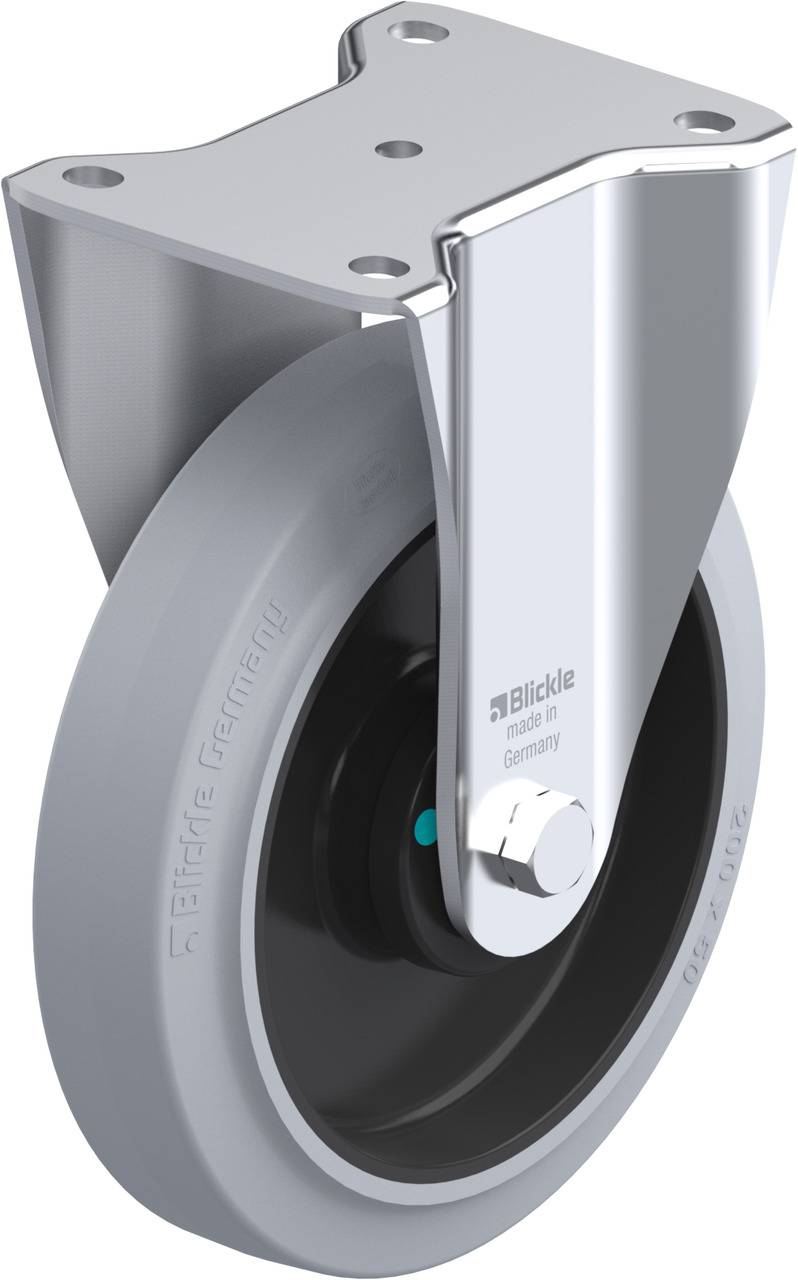 Industrie-Schwenkrolle mit grauem Rad und silbernem Gehäuse, geeignet für Transportwagen oder Industriemaschinen.