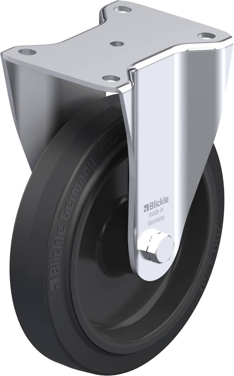 Schwenkrolle mit schwarzem Rad aus Vollgummi und robustem Metallgehäuse. Entwickelt für stabile und flexible Mobilität von Objekten.