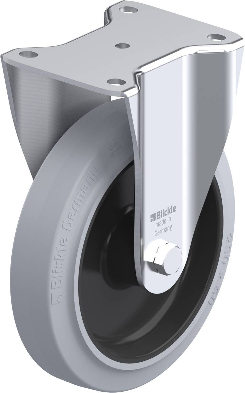 Lenkrolle mit grauem Rad und silbernem Metallgehäuse, beschriftet mit 'Blickle, made in Germany'. Ideal für Transportgeräte.