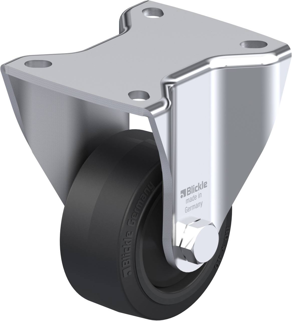 Metallrolle mit schwarzem Rad und rechteckiger Montageplatte aus Edelstahl, geeignet für Transportwagen oder Möbel.