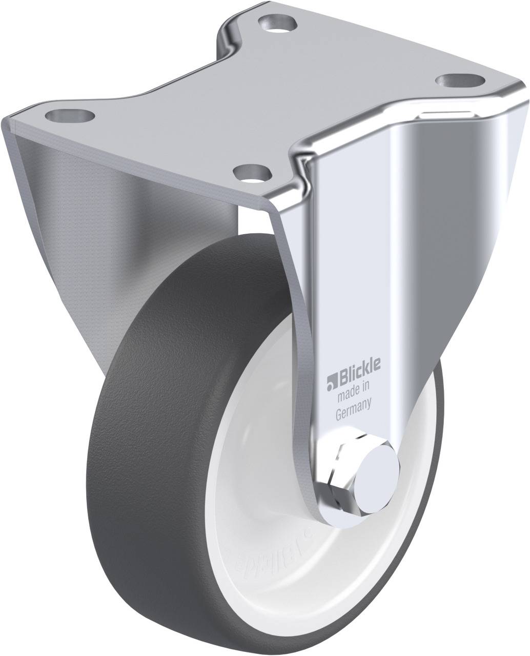 Bild eines silbernen Lenkrollenrads mit schwarzem Gummirad. Die Halterung ist aus Metall, auf der 'Blickle made in Germany' steht.