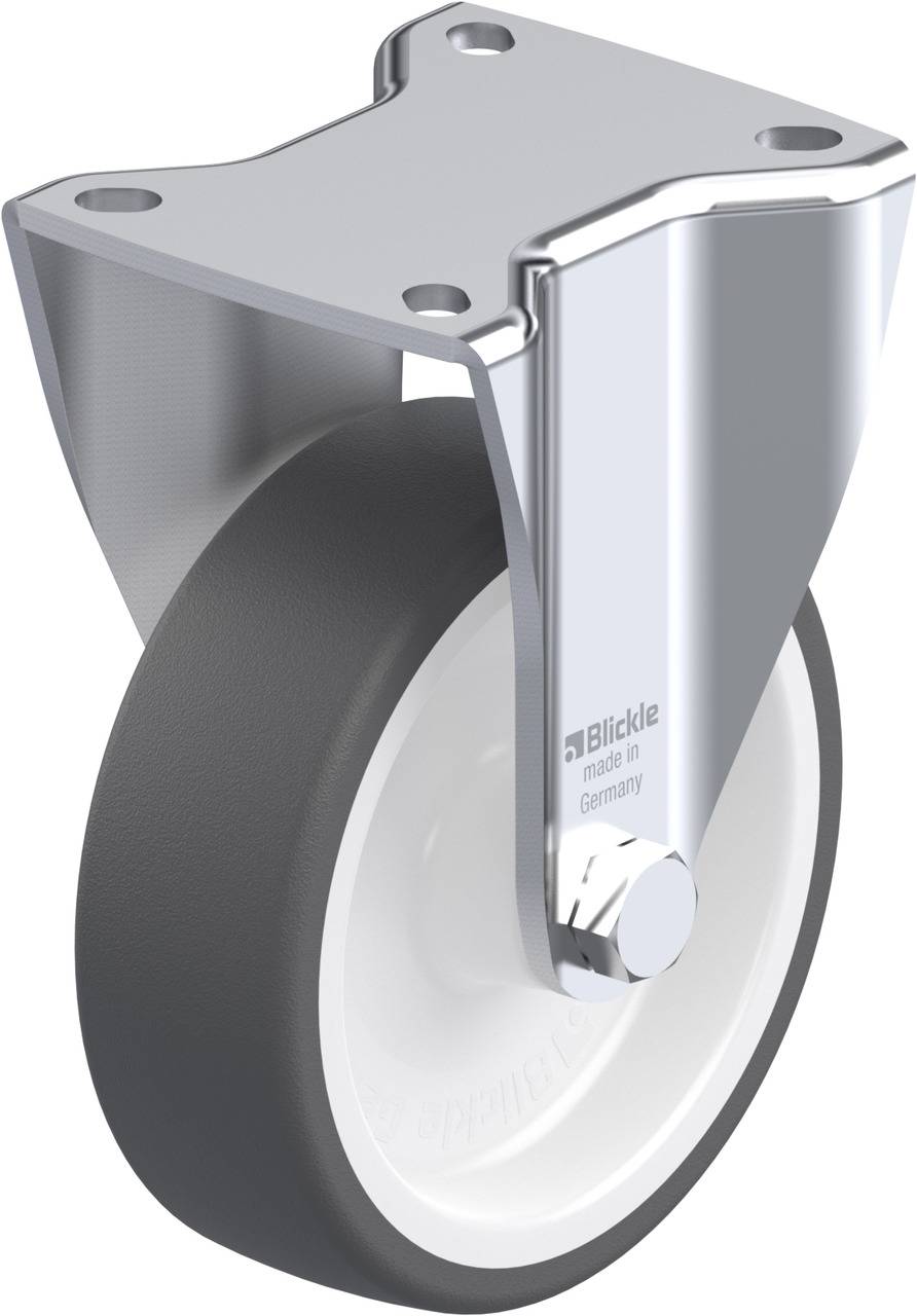Industrie-Lenkrolle mit grauem Gummirad und silbernem Metallgehäuse, geeignet für Maschinen und schwere Lasten.