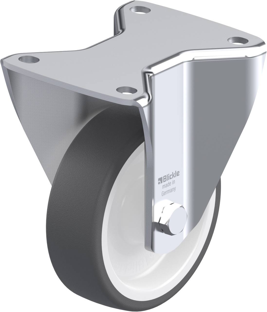 Ein feststehendes Transport-Rad aus Metall mit schwarzem Reifen und weißer Felge, geeignet für schwere Lasten in industriellen Anwendungen.