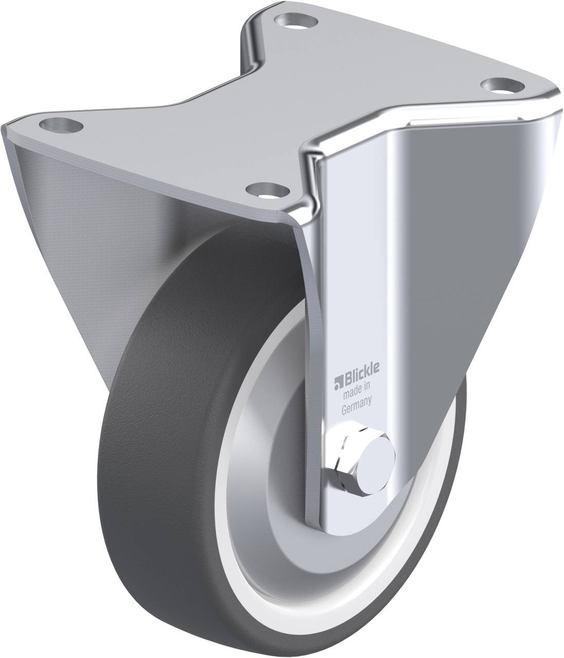Schwenkrolle mit grauer Gummireifen, silbernem Metallgehäuse und Montageplatte. Geeignet für Transportgeräte oder Möbel.