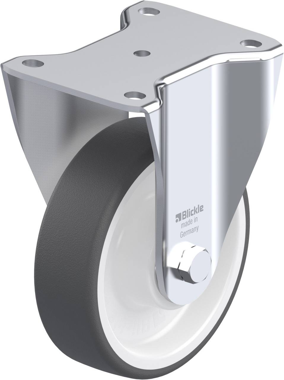 Industrie-Lenkrolle mit grauem Rad, silbernem Gehäuse und 'Blickle' Beschriftung. Verwendet für Schwerlasttransport.
