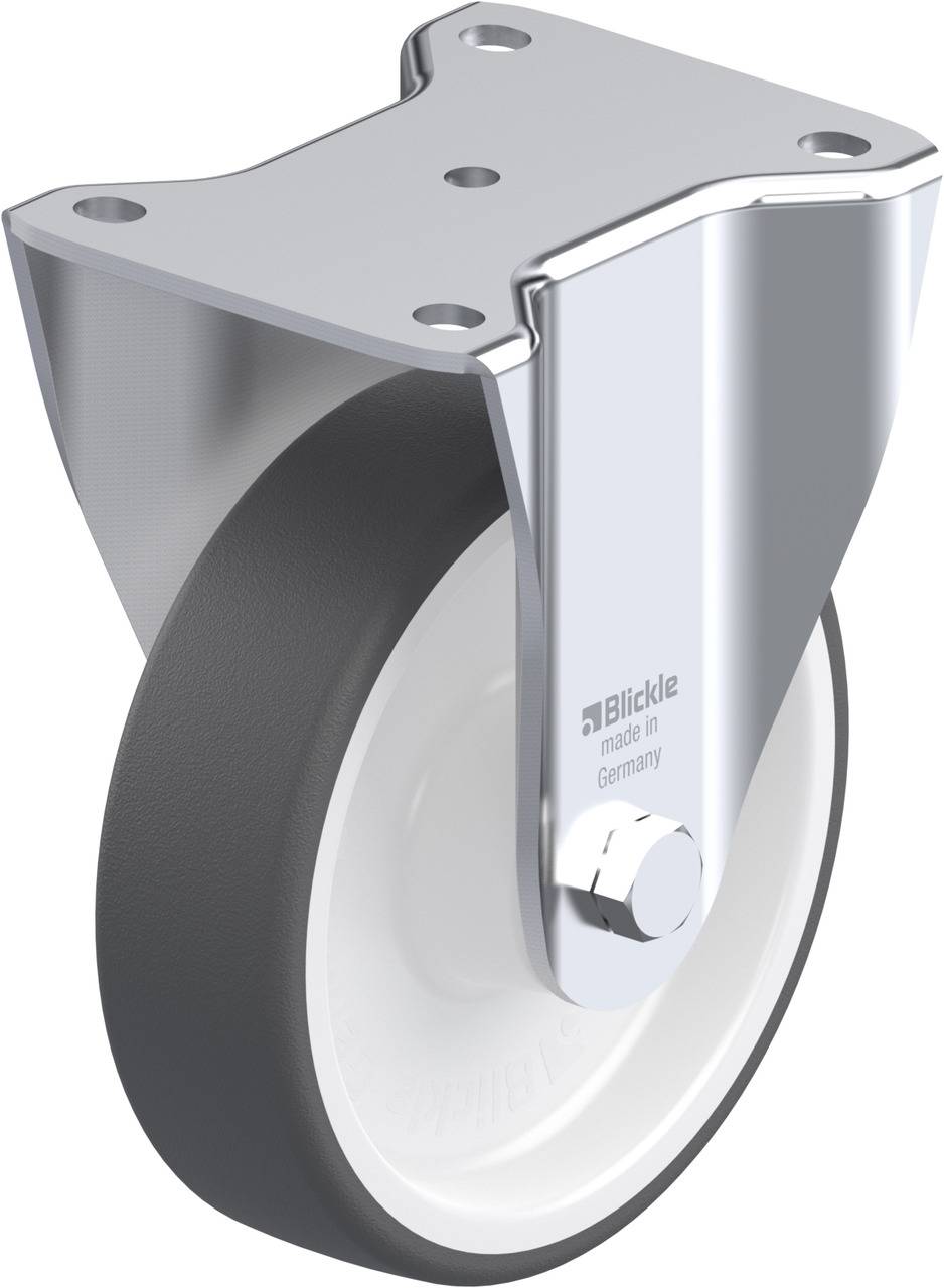 Industrie-Rollenlager mit Metallhalterung und schwarzem Rad, geeignet für schwere Lasten, hergestellt in Deutschland.