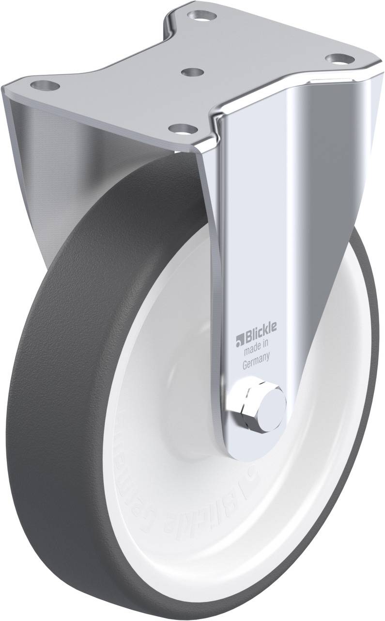 Industrie-Schwenkrolle mit grauem Rad, Stahlrahmen und Gabel. Geeignet für schwere Lasten, bietet stabile und flexible Mobilität.