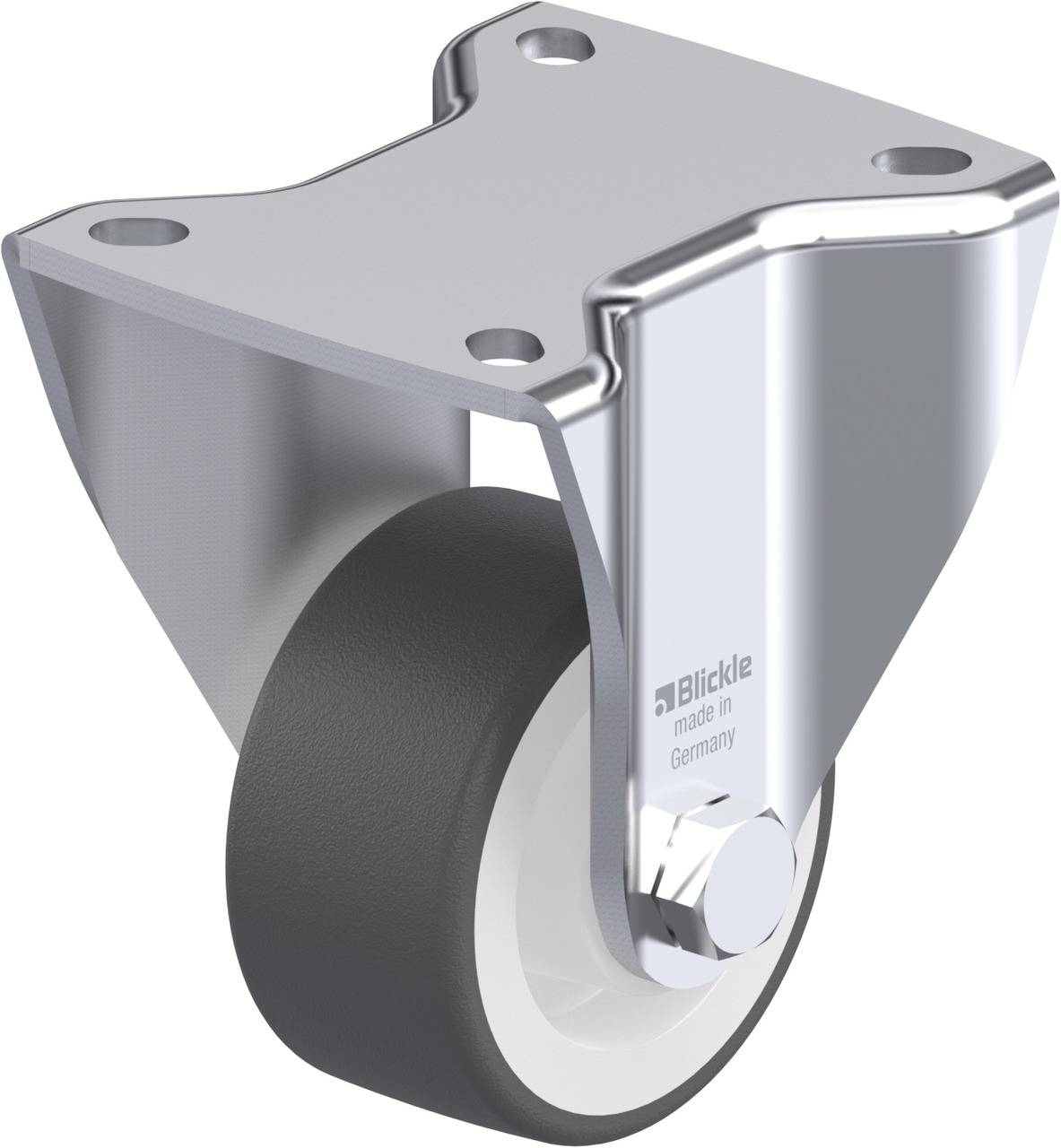 Metallgebremstes Schwenkrolle mit schwarzem Rad, geeignet für Möbel oder Geräte, mit Aufschrift 'made in Germany'.