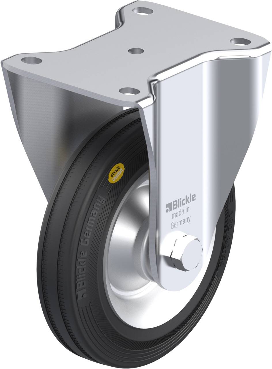 Industrie-Schwenkrolle aus Metall mit schwarzem Gummirad, geeignet für schwere Lasten. Hergestellt in Deutschland, Marke 'Blickle'.