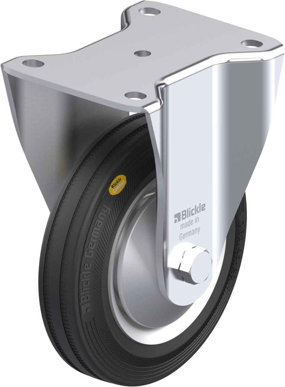 Metallisches Lenkrollenrad mit schwarzer Gummibereifung, geeignet für Industrieanwendungen, mit 'Blickle made in Germany'-Aufdruck.