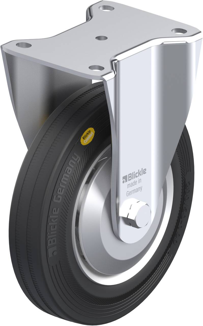 Ein schwarz-graues Rad aus Gummi an einer silbernen Metallhalterung, markiert mit 'Blickle made in Germany' und einem 'Puncture Proof'-Aufkleber.