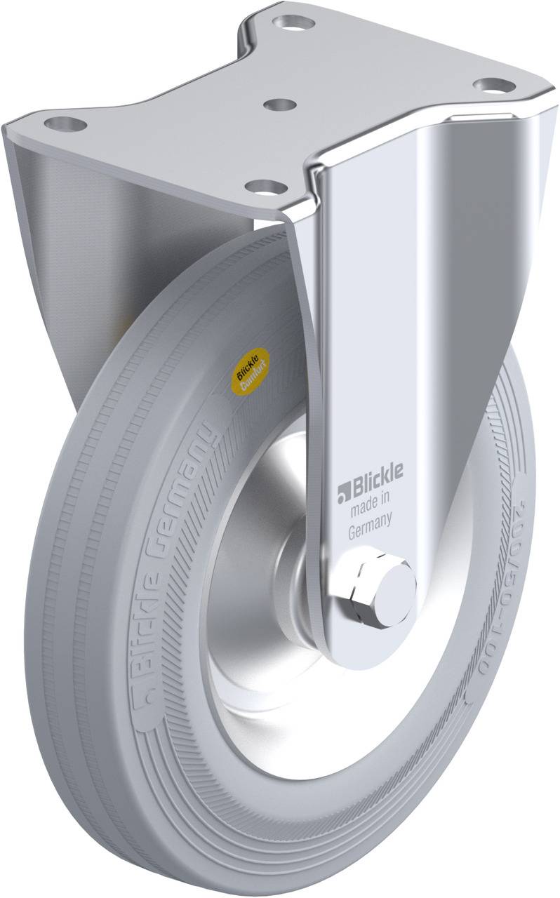Schwenkrolle aus Metall mit grauem Rad, montierbar über eine viereckige Platte. Rad beschriftet mit 'Blickle made in Germany'.