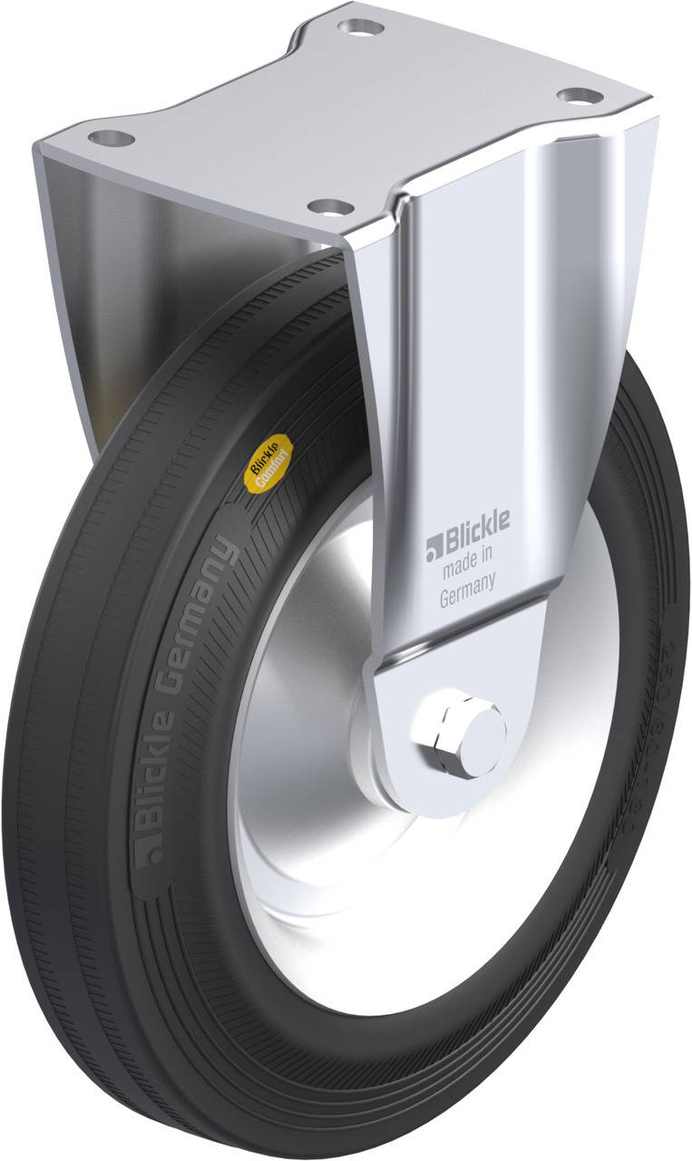 Schwenkrolle mit schwarzem Rad und glänzendem Metallgehäuse, hergestellt von Blickle in Deutschland.