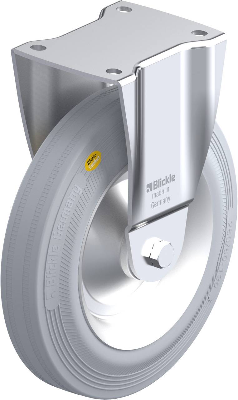 Graue Gummirolle mit silbernem Metallgehäuse und Beschriftungen 'Blickle' und 'made in Germany'.