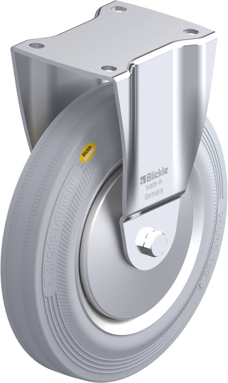 Ein silbernes Rollrad mit Befestigungshalterung, Beschriftung 'Blickle made in Germany', geeignet für Industrieanwendungen.