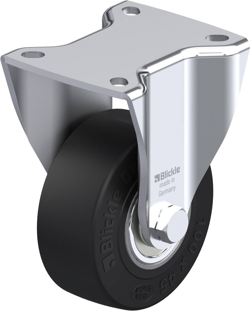 Schwenkrolle mit schwarzem Rad und silbernem Metallgehäuse, auf dem 'Blickle made in Germany' steht. Verwendet für bewegliche Objekte.